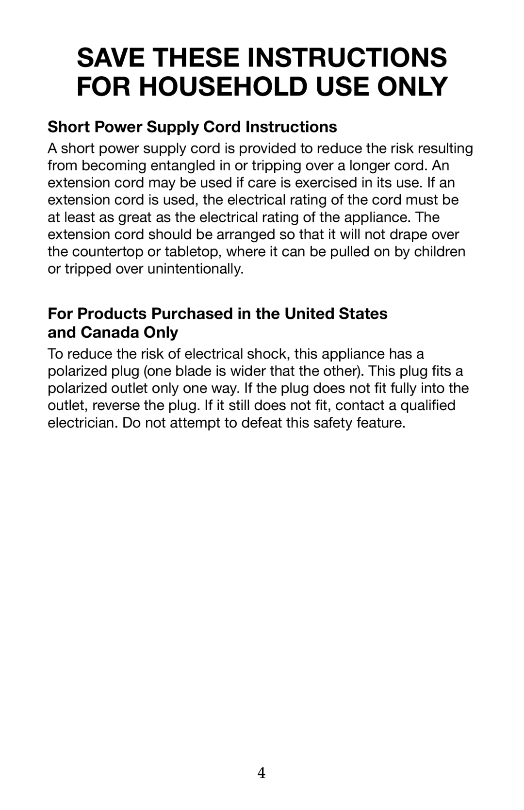 Waring TCO650 manual Short Power Supply Cord Instructions, For Products Purchased in the United States and Canada Only 