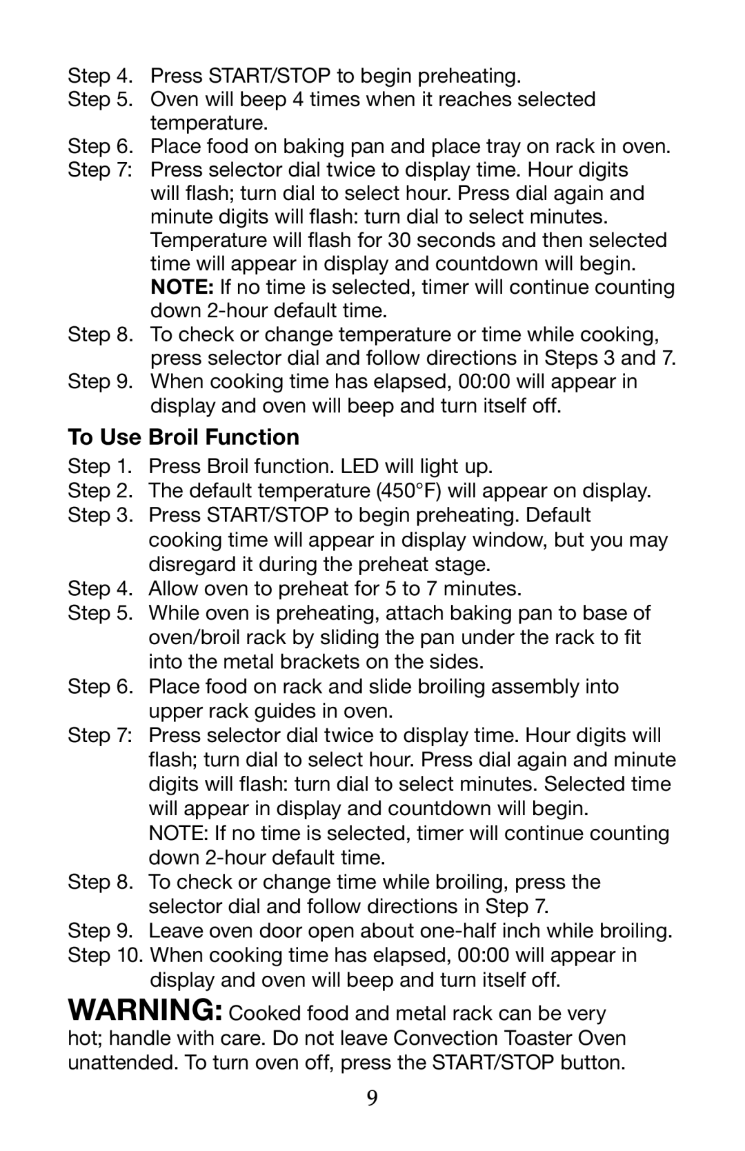 Waring TCO650 manual To Use Broil Function 