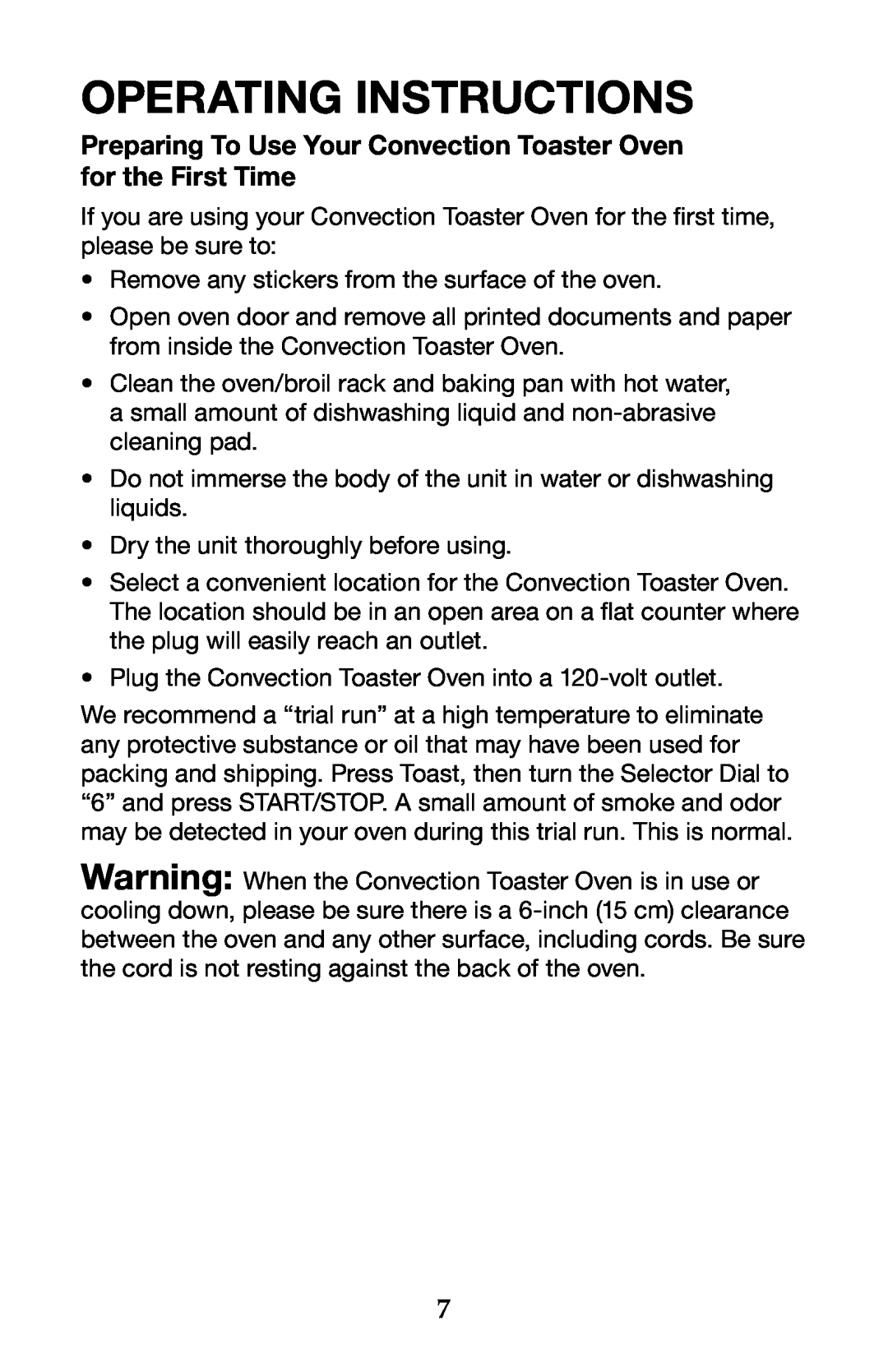 Waring TCO650 manual Operating Instructions, Preparing To Use Your Convection Toaster Oven for the First Time 