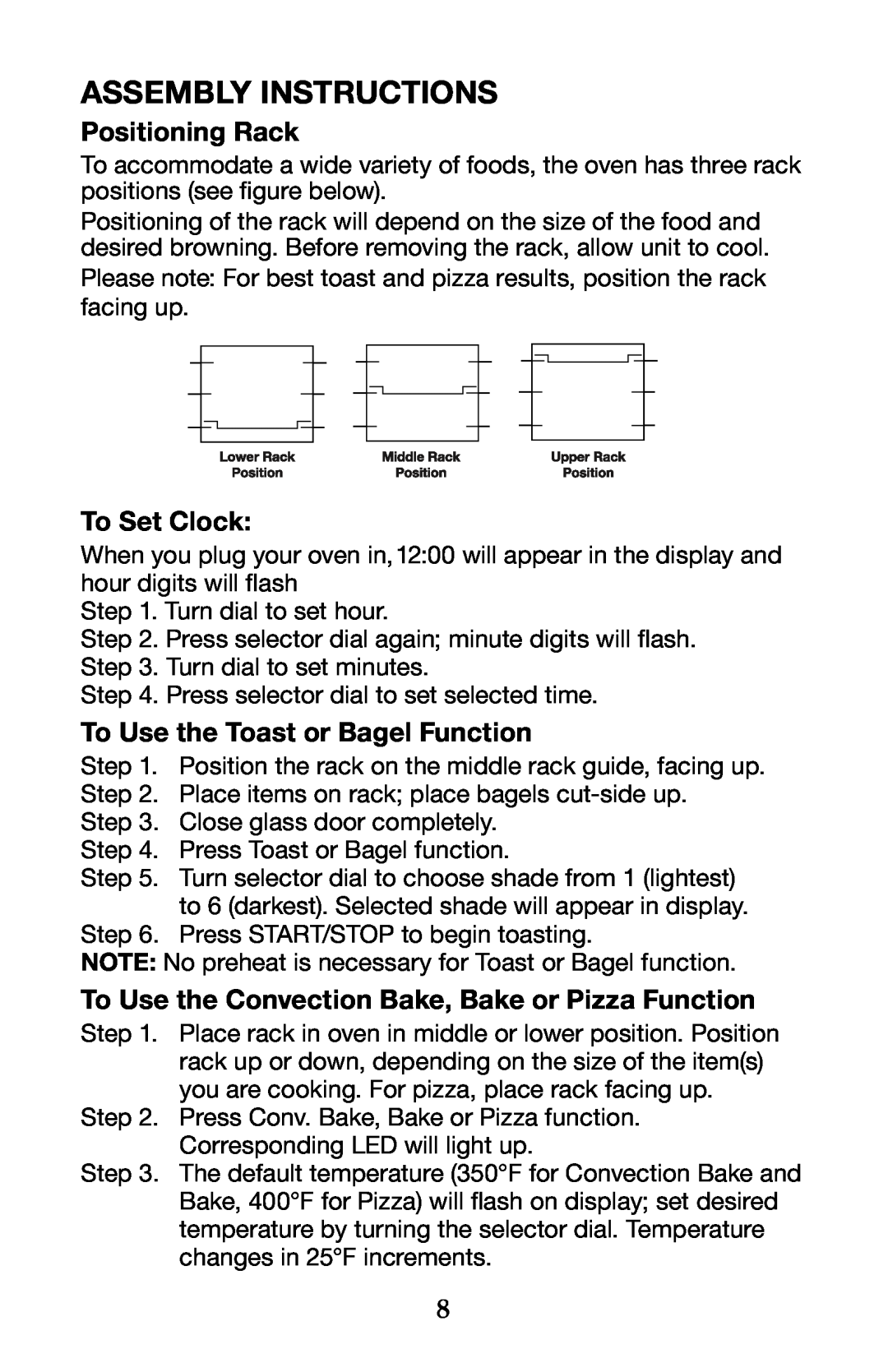 Waring TCO650 manual Assembly instructions, Positioning Rack, To Set Clock, To Use the Toast or Bagel Function 