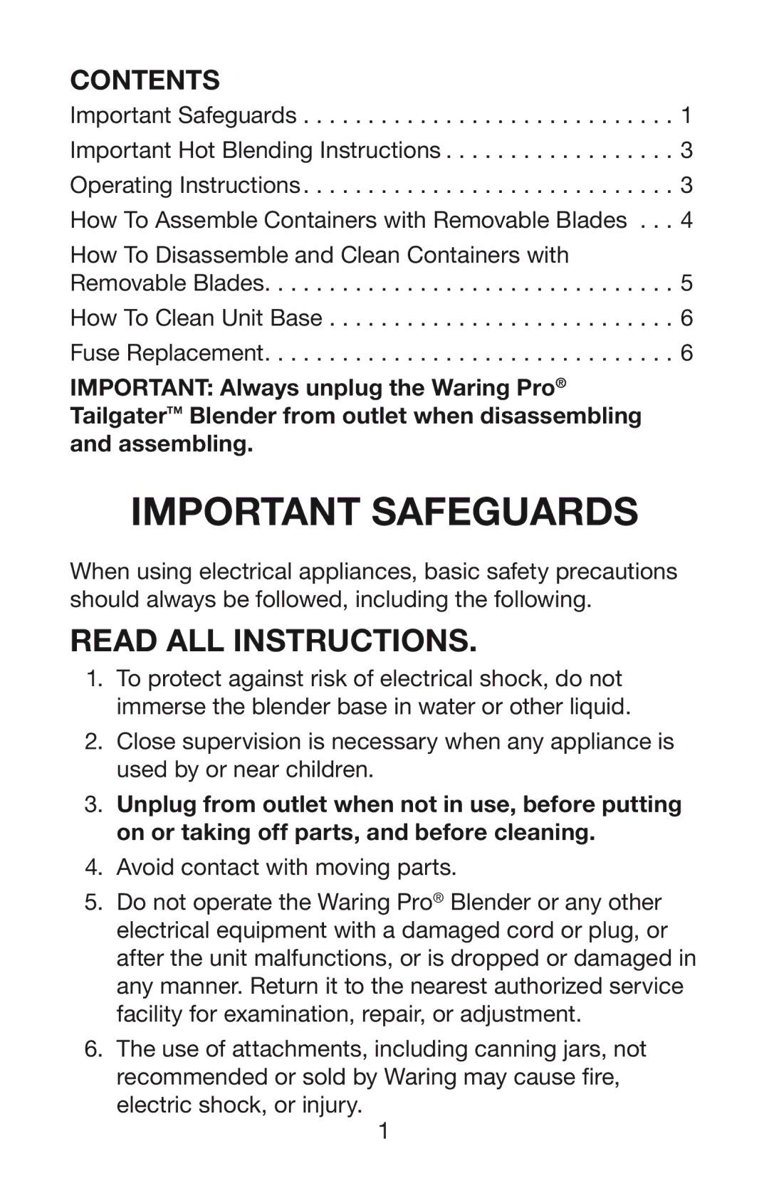 Waring TG15 manual Important Safeguards 