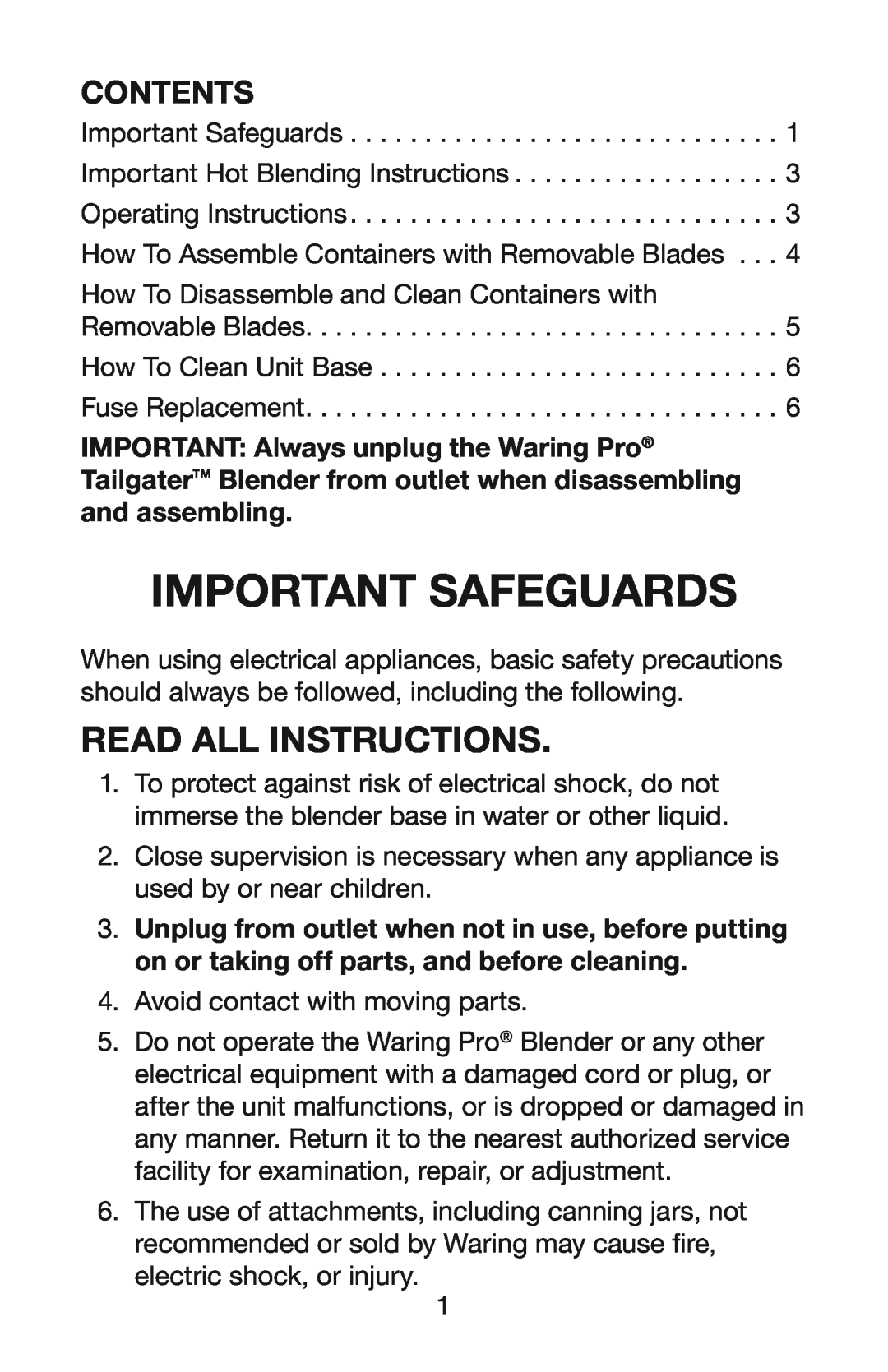 Waring TG15 manual Important Safeguards, Contents, Read All Instructions 