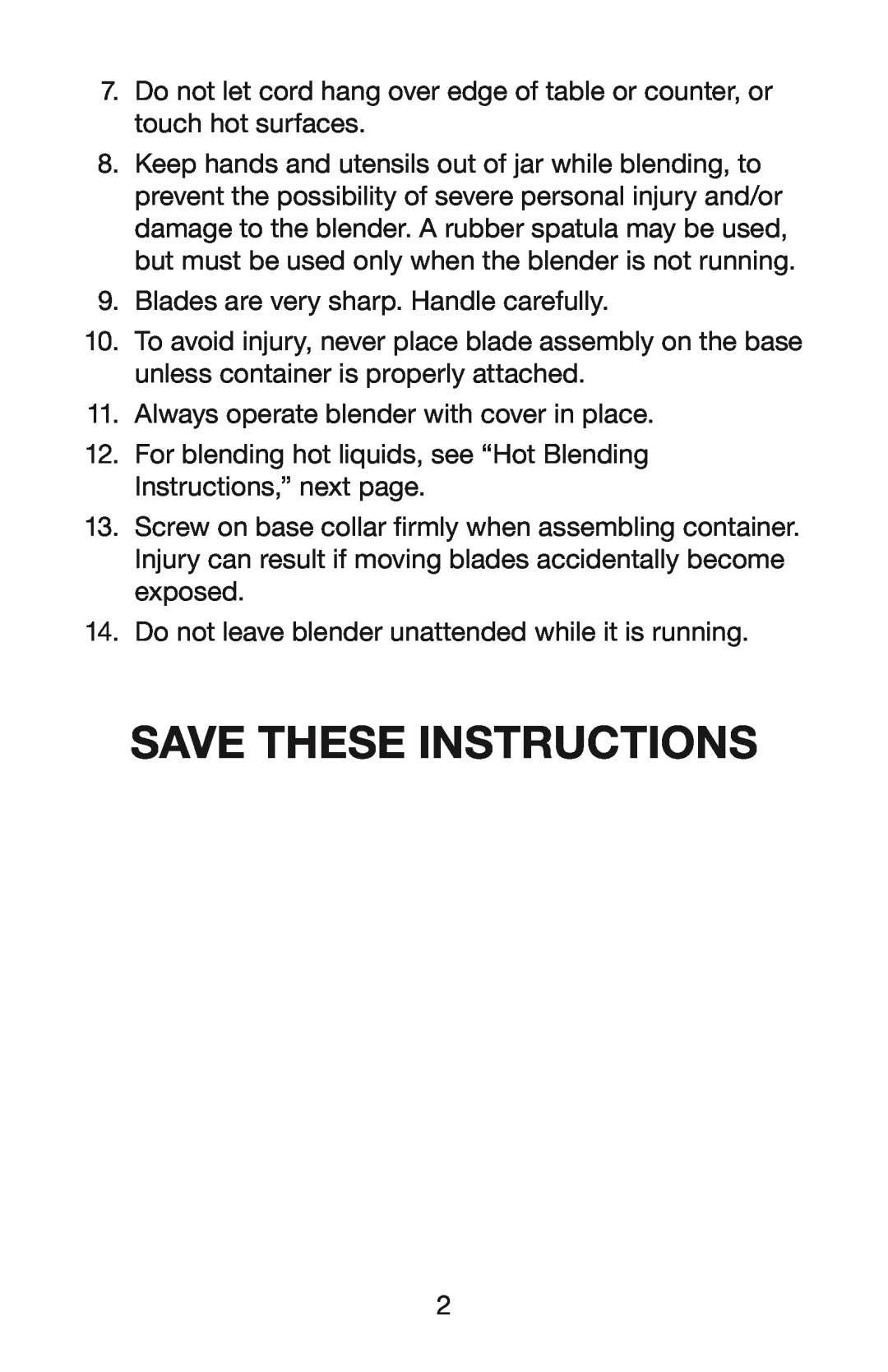 Waring TG15 manual Save These Instructions 