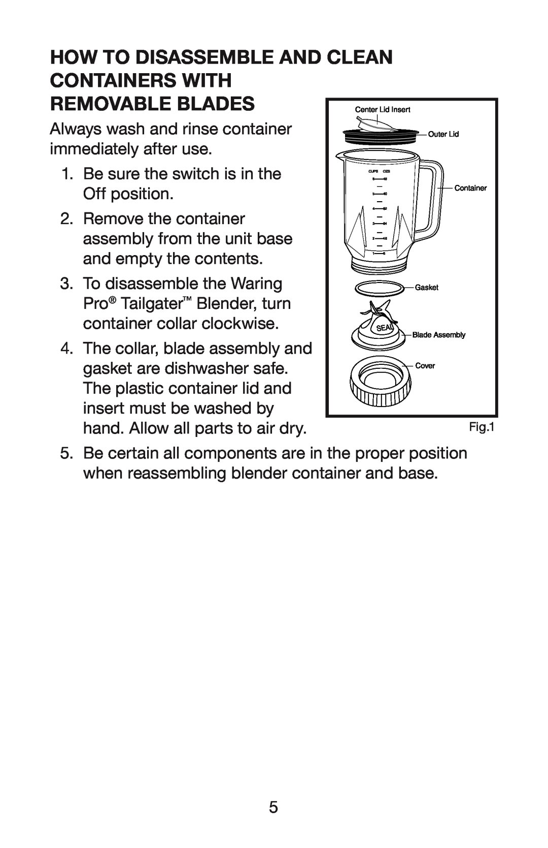 Waring TG15 manual Be sure the switch is in the Off position 
