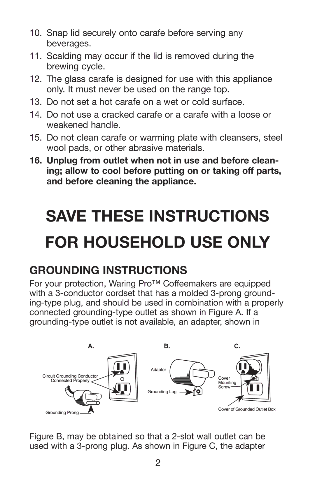 Waring WC1000 manual Save These Instructions for Household USE only 