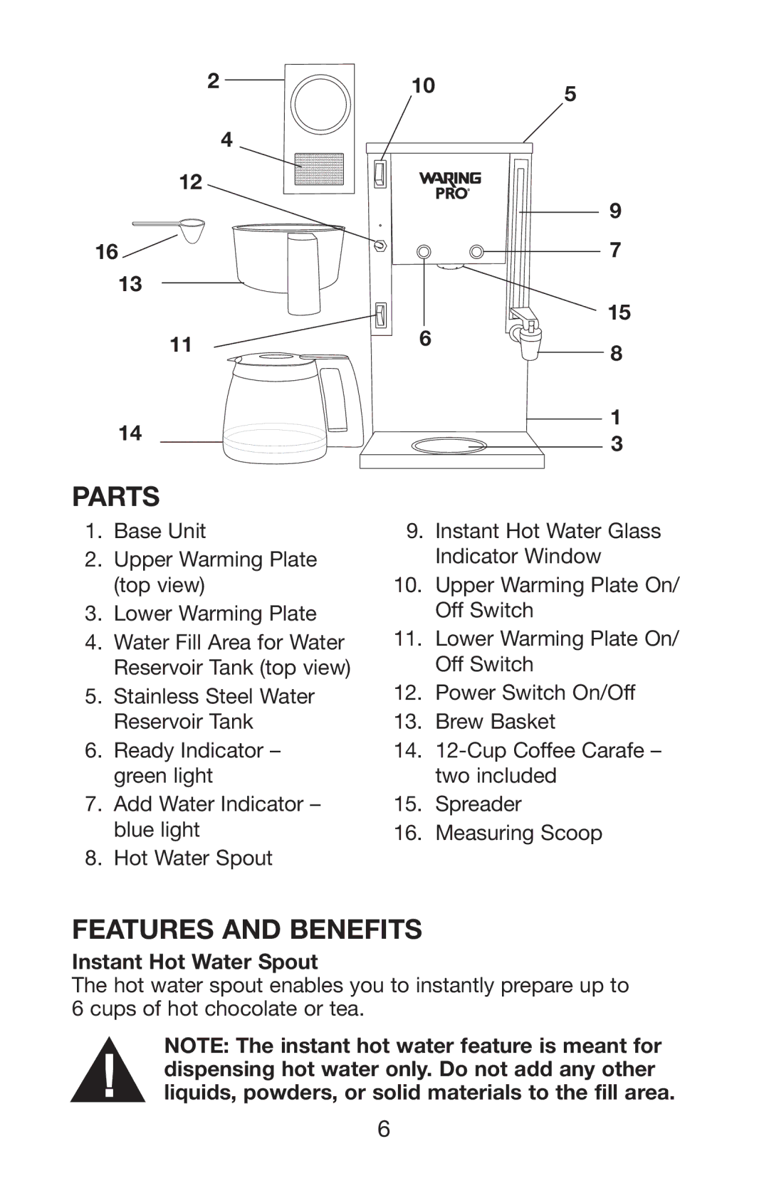 Waring WC1000 manual Parts, Features and Benefits, 105, Instant Hot Water Spout 