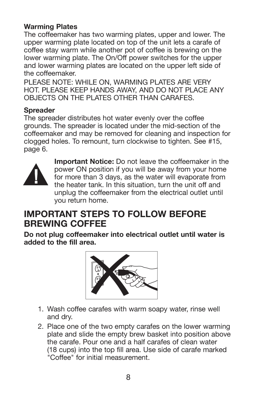 Waring WC1000 manual Important Steps to Follow Before Brewing Coffee, Warming Plates, Spreader 