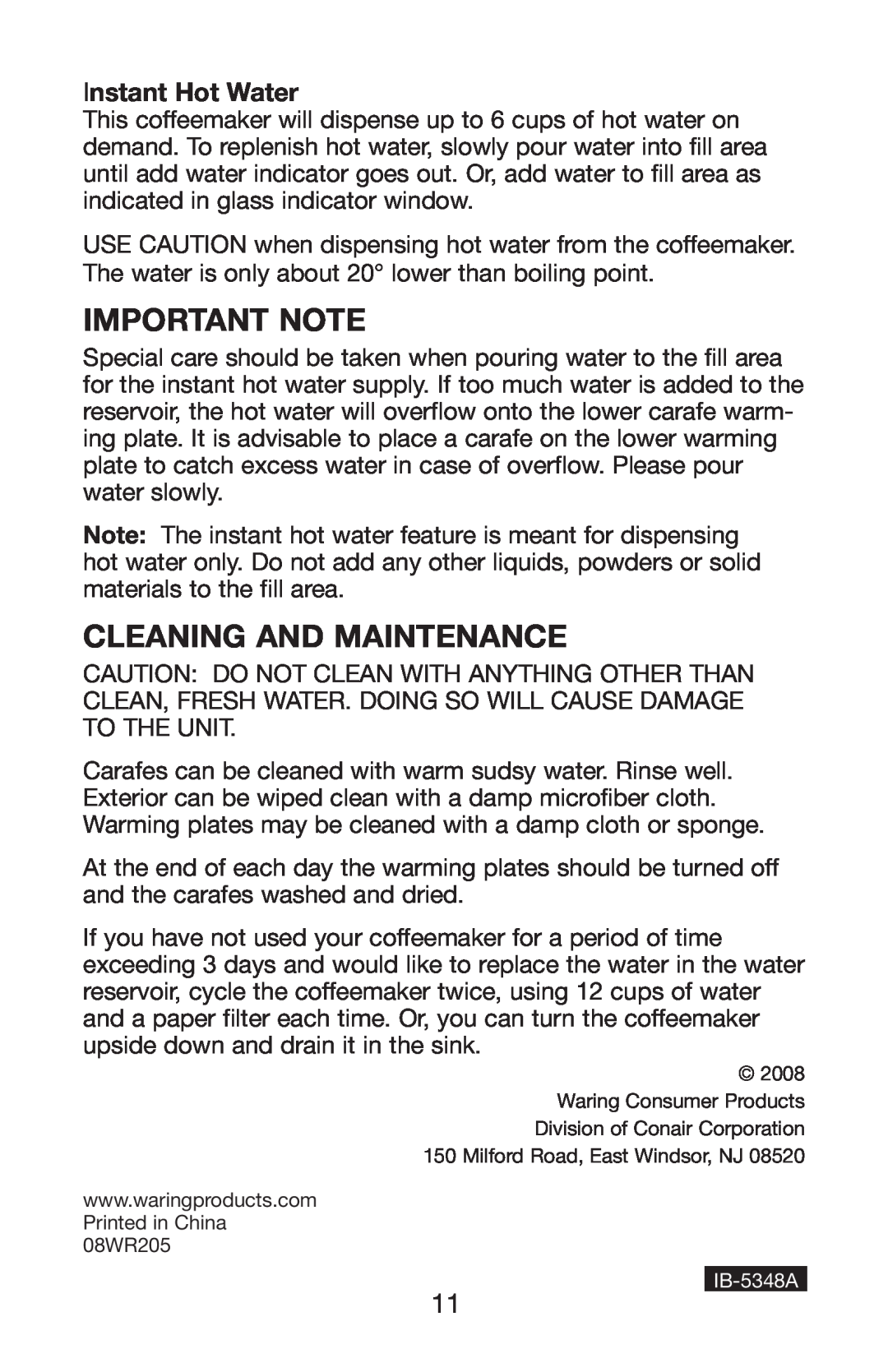 Waring WC1000 manual Important Note, Cleaning And Maintenance, Instant Hot Water 