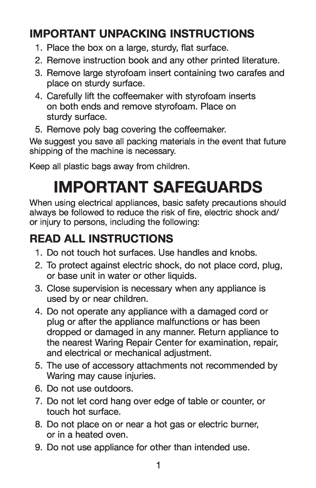Waring WC1000 manual Important Unpacking Instructions, Read All Instructions, Important Safeguards 