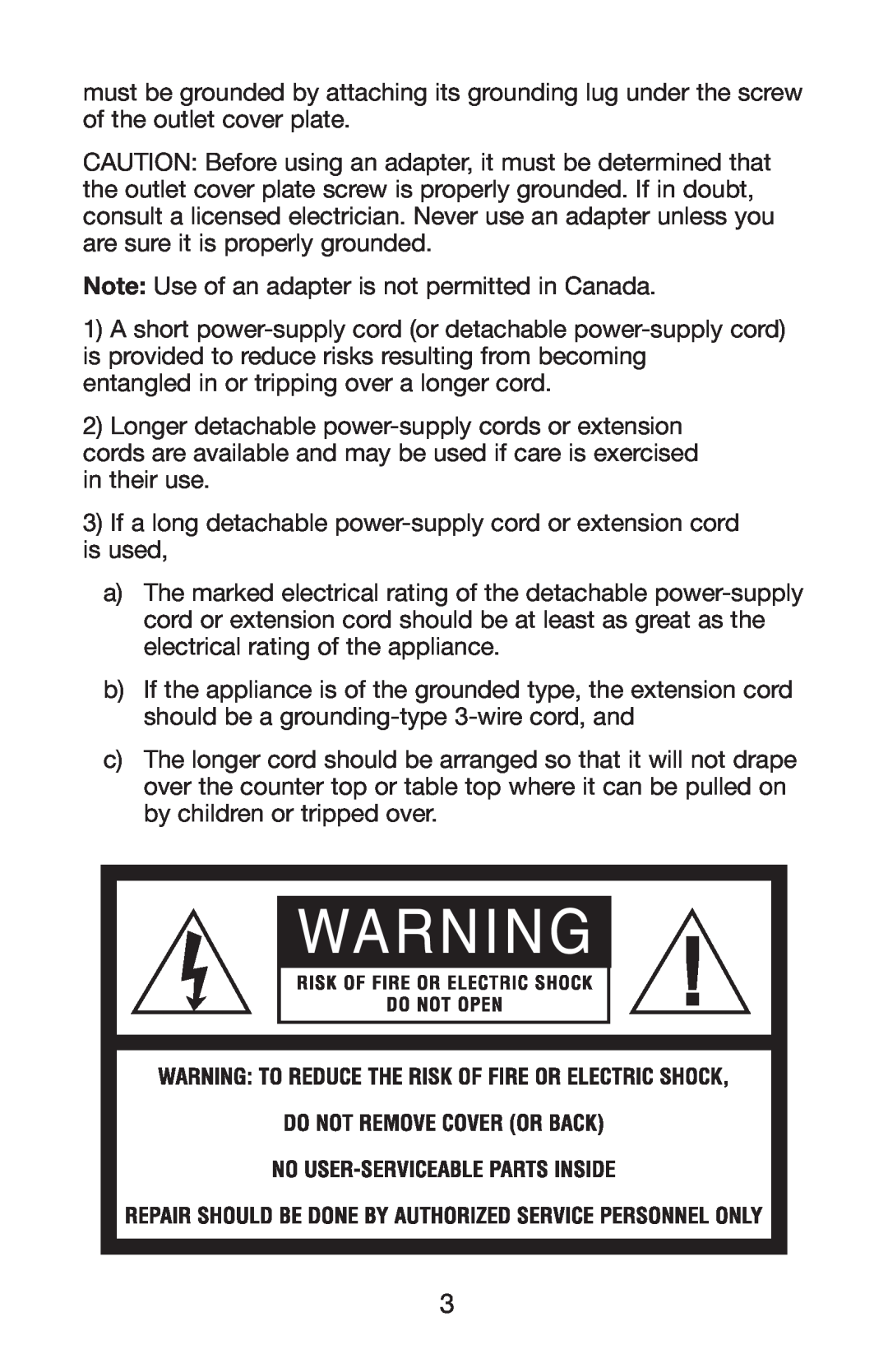 Waring WC1000 manual Note Use of an adapter is not permitted in Canada 