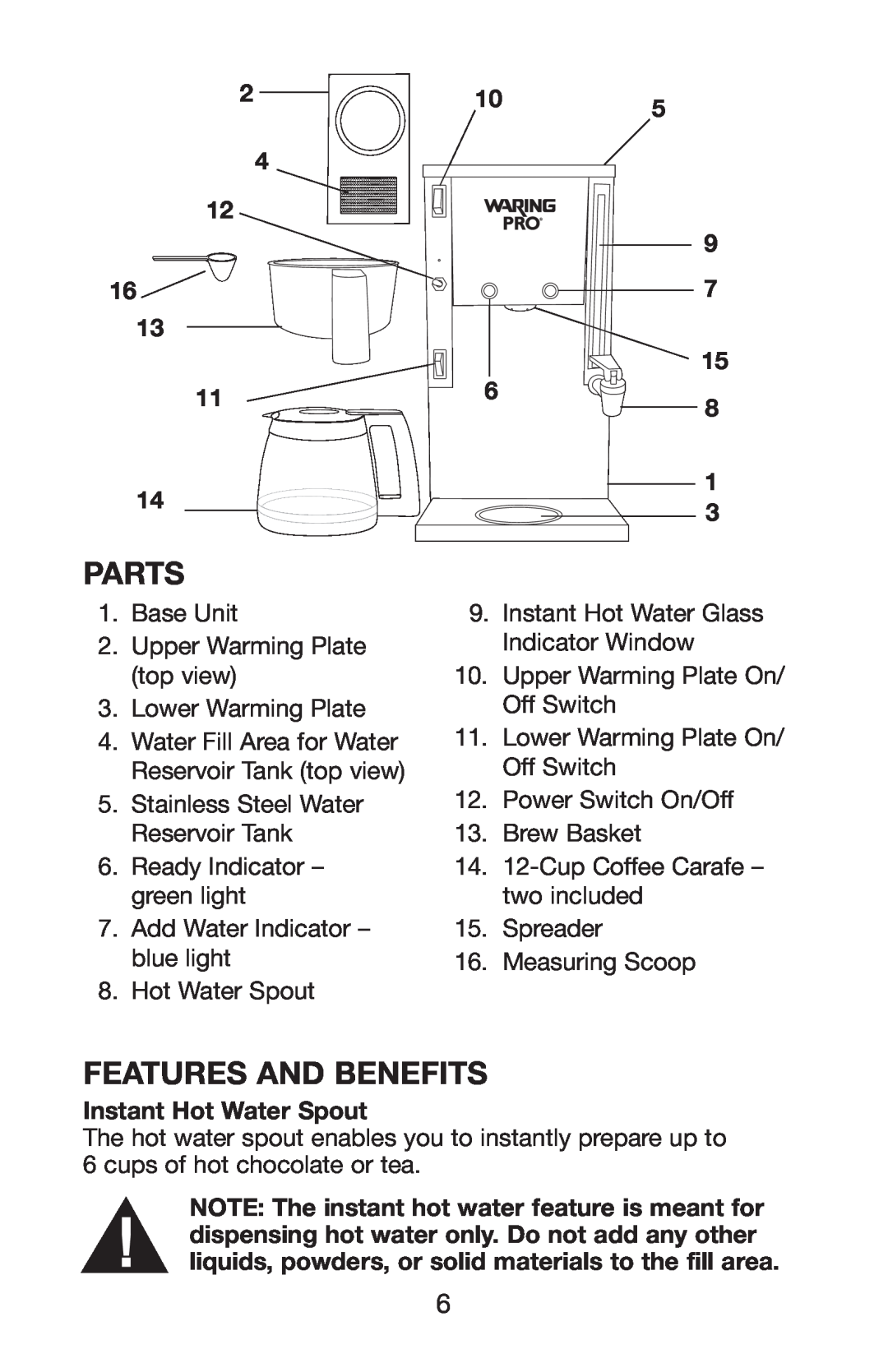 Waring WC1000 manual Parts, Features And Benefits, Instant Hot Water Spout 