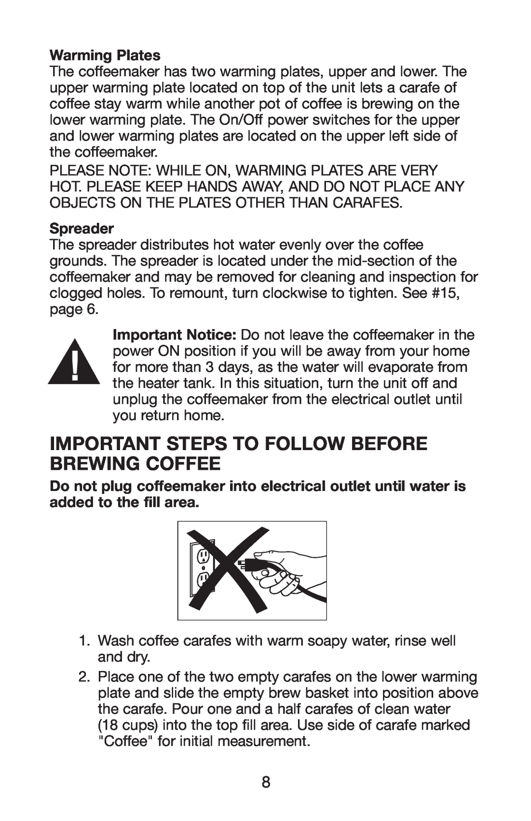 Waring WC1000 manual Important Steps To Follow Before Brewing Coffee, Warming Plates, Spreader 