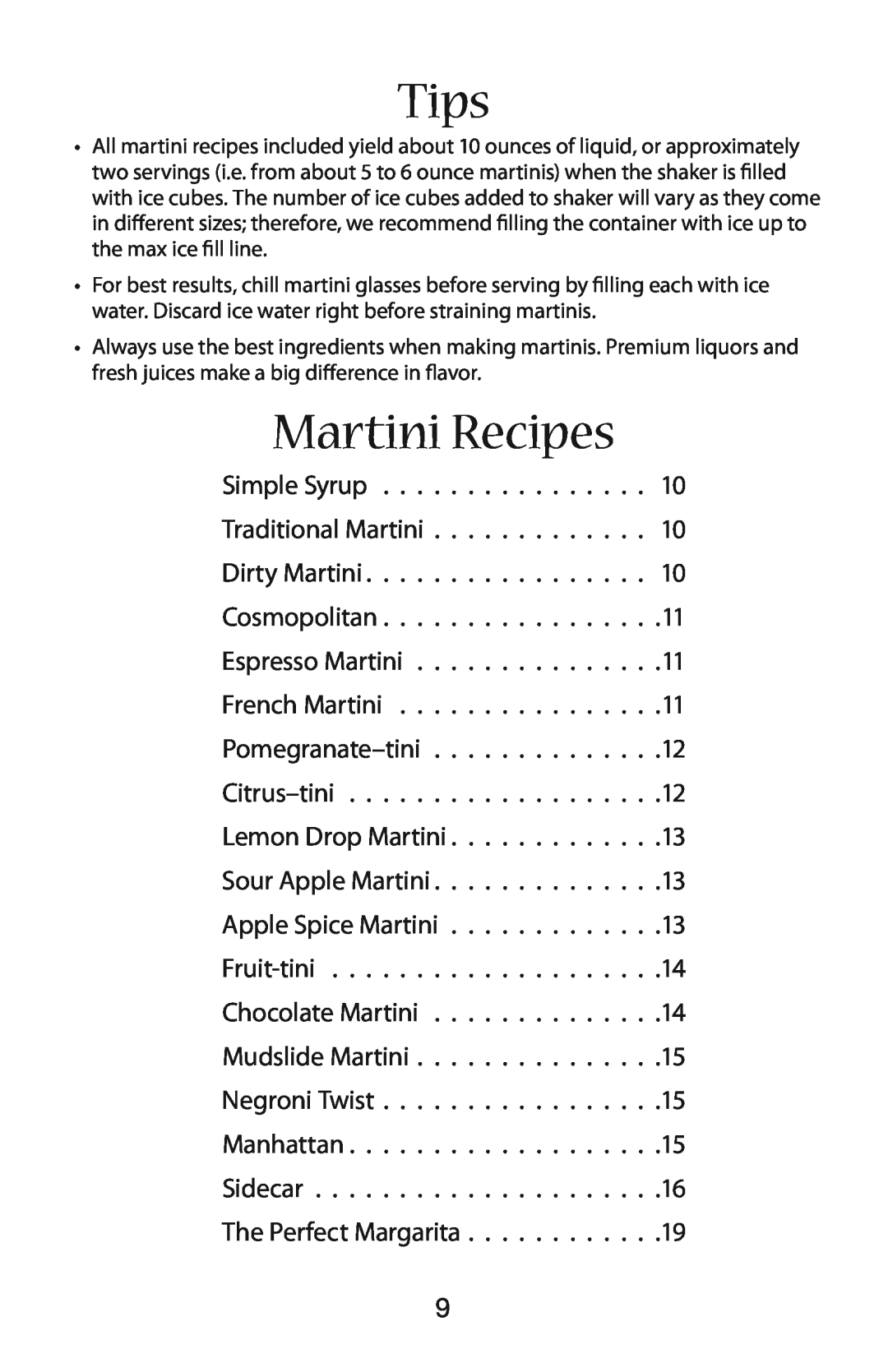 Waring WM007 manual Tips, Martini Recipes 