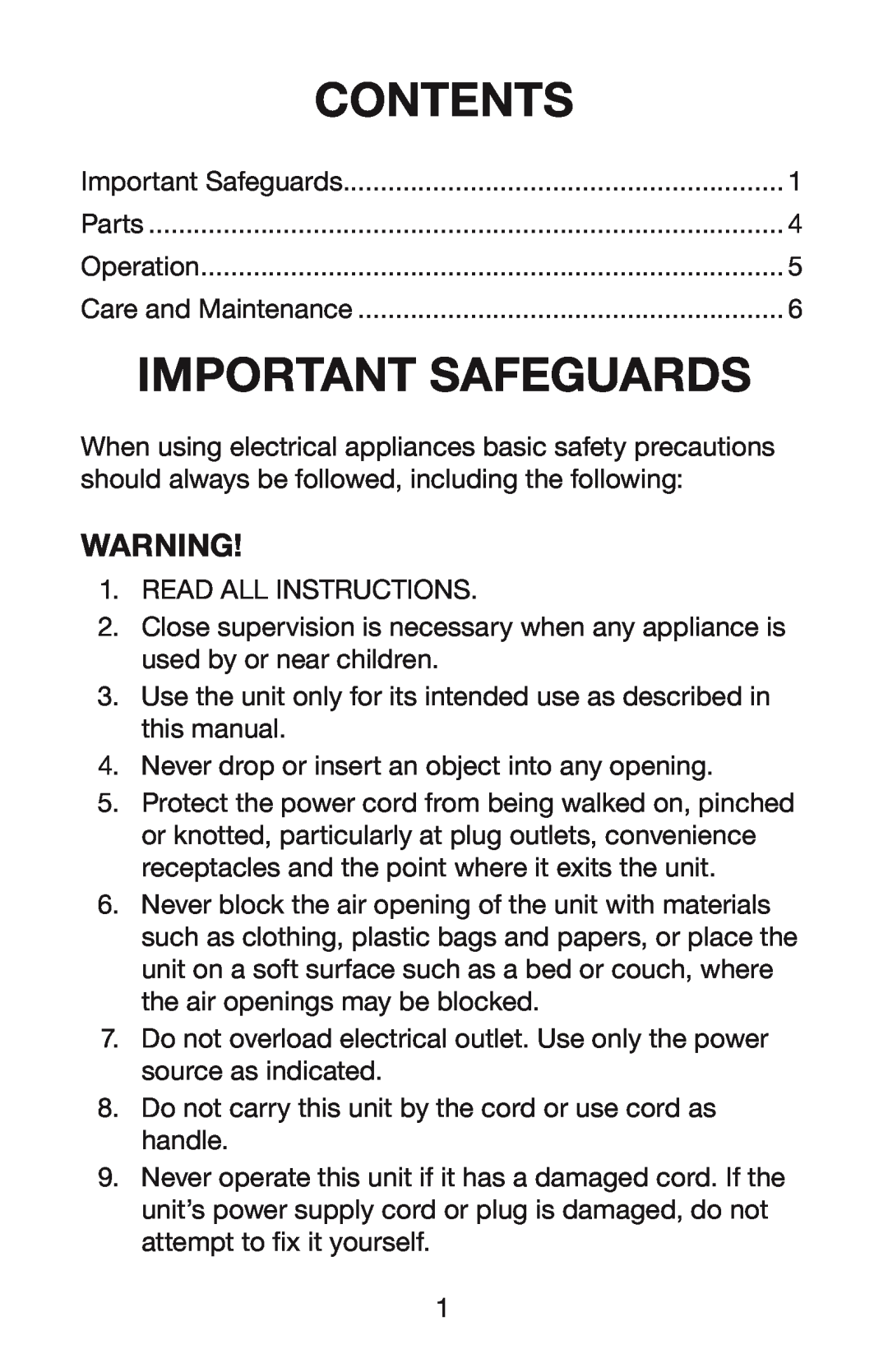 Waring WM007 manual Contents, Important Safeguards 