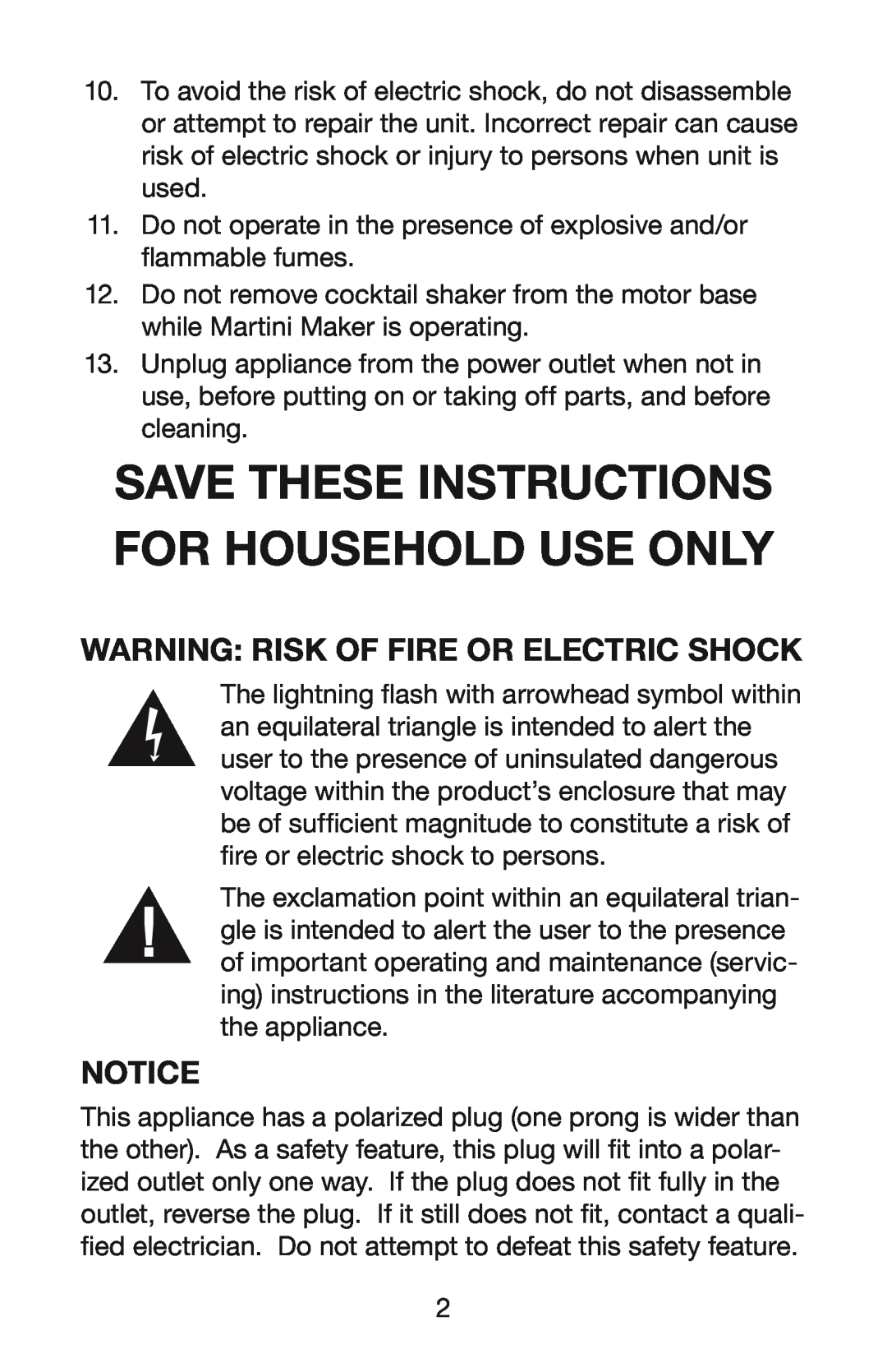 Waring WM007 manual Save These Instructions For Household Use Only, Warning Risk Of Fire Or Electric Shock 