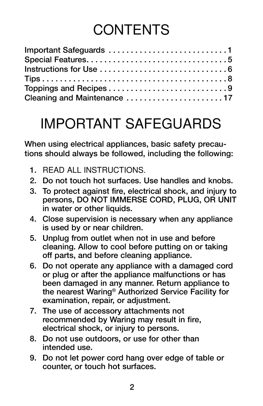 Waring WMK600 manual Contents, Important Safeguards 