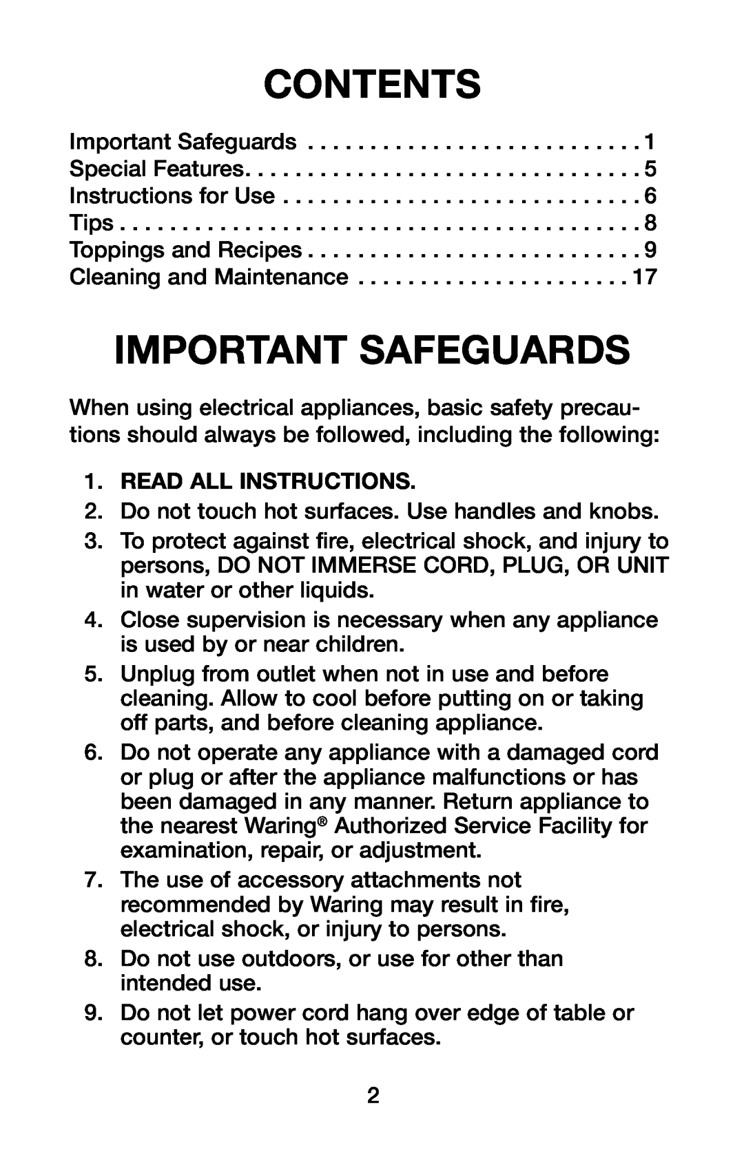 Waring WMK600 manual Contents, Important Safeguards, Read All Instructions 