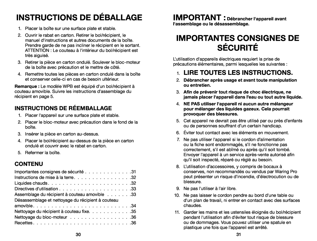 Waring WMN250 manual Instructions De Déballage, Importantes Consignes De Sécurité, Lire Toutes Les Instructions, Contenu 