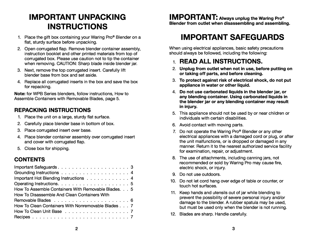 Waring WMN250 manual Important Unpacking Instructions, Important Safeguards, Read All Instructions, Repacking Instructions 