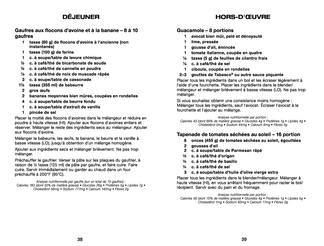 Waring WMN250 manual Déjeuner, Hors-Dœuvre, Guacamole - 8 portions 