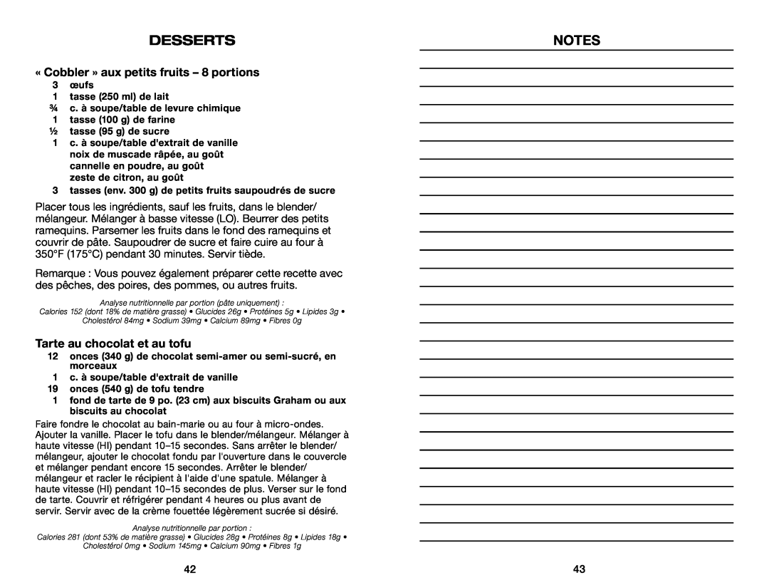 Waring WMN250 manual « Cobbler » aux petits fruits - 8 portions, Tarte au chocolat et au tofu, Desserts 