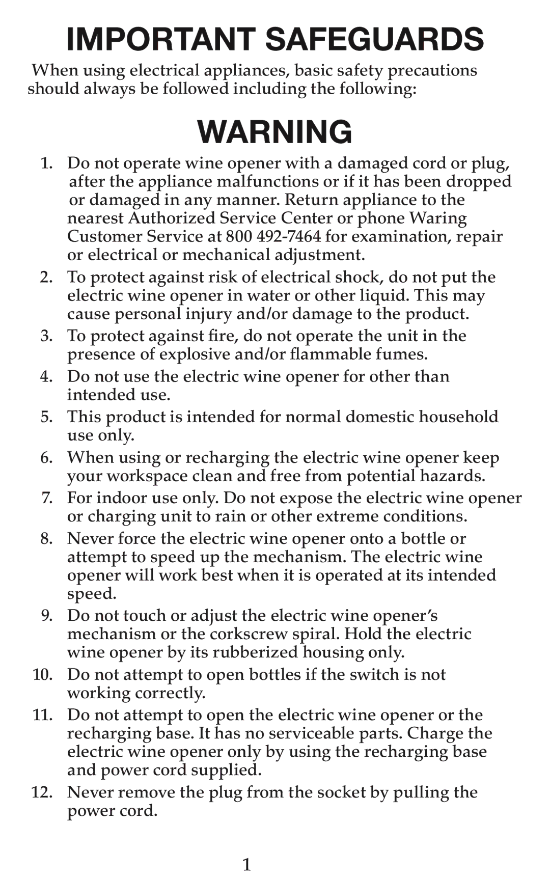 Waring WO50 manual Important Safeguards 