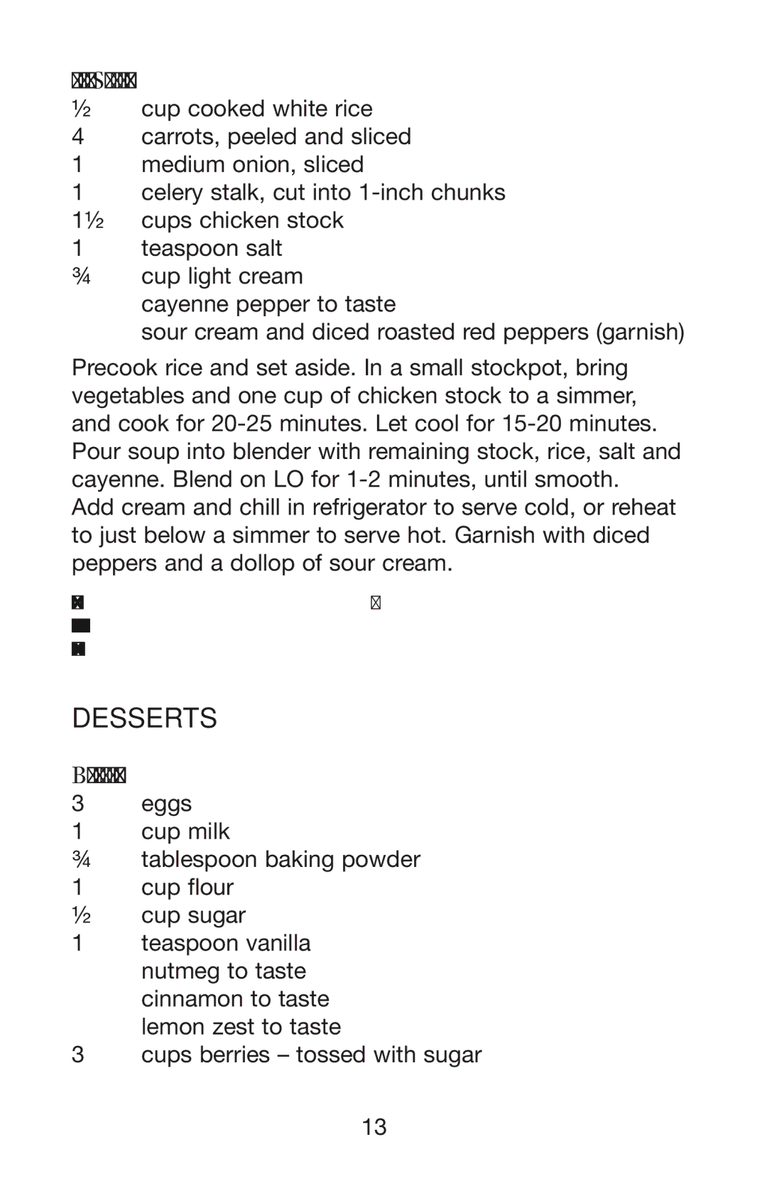 Waring MBB, WPB, PBB manual Desserts, Cream of Carrot Soup 8 servings, Berry Cobbler 8 servings 