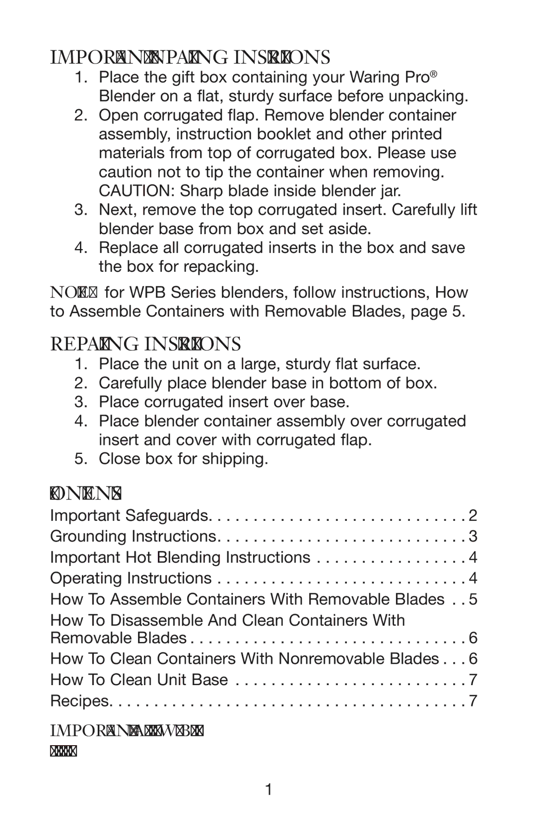 Waring MBB, WPB, PBB manual Important Unpacking Instructions, Repacking Instructions, Contents 