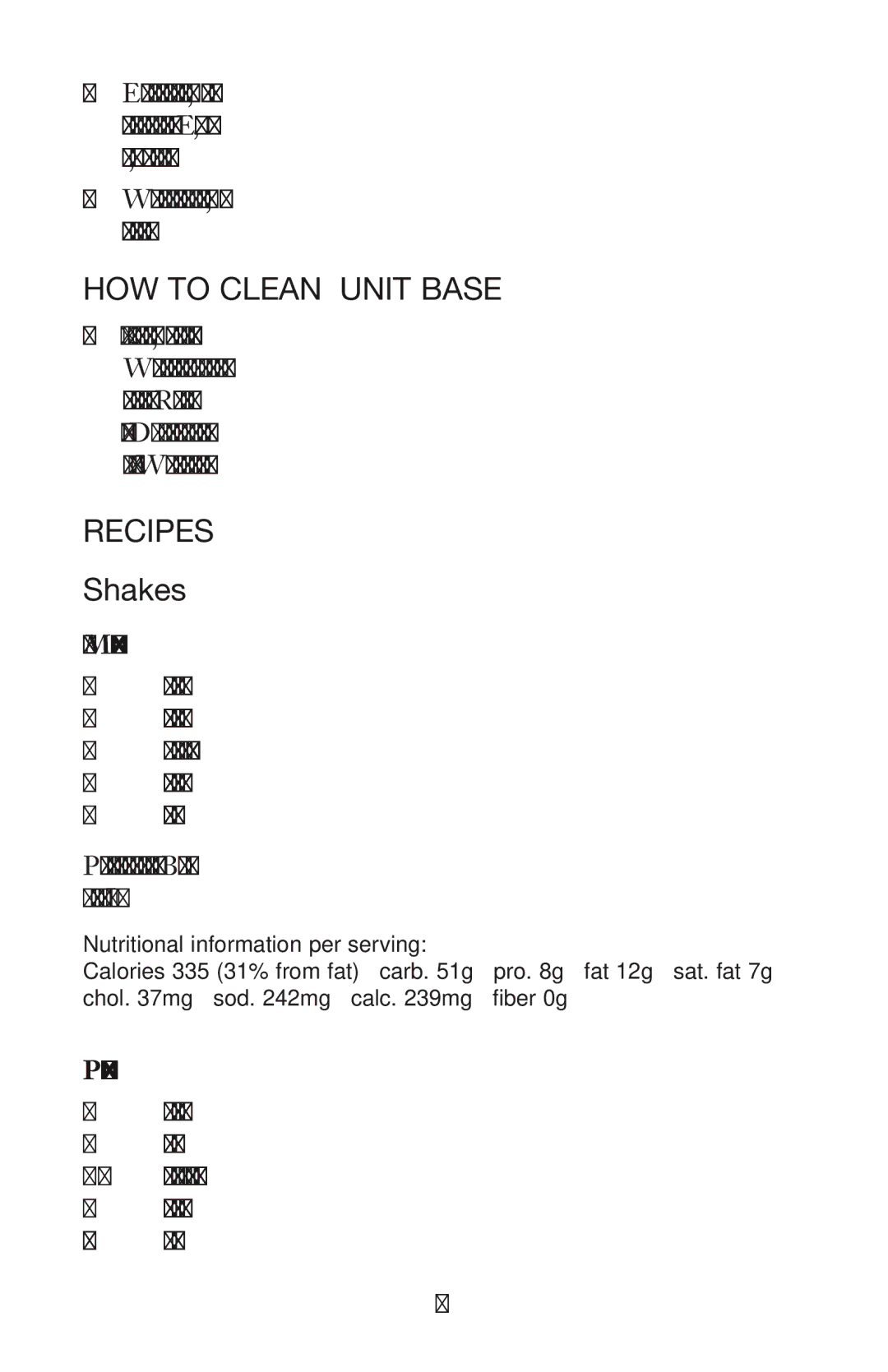 Waring MBB, WPB, PBB manual How To Clean unit Base, Recipes Shakes, Chocolate Malted Shake 2 servings, Power Shake 2 servings 