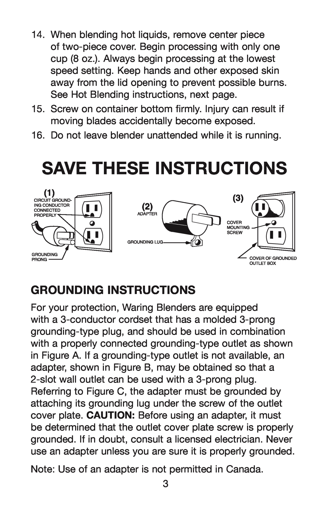 Waring PBB, WPB, MBB manual Save These Instructions, Grounding Instructions 