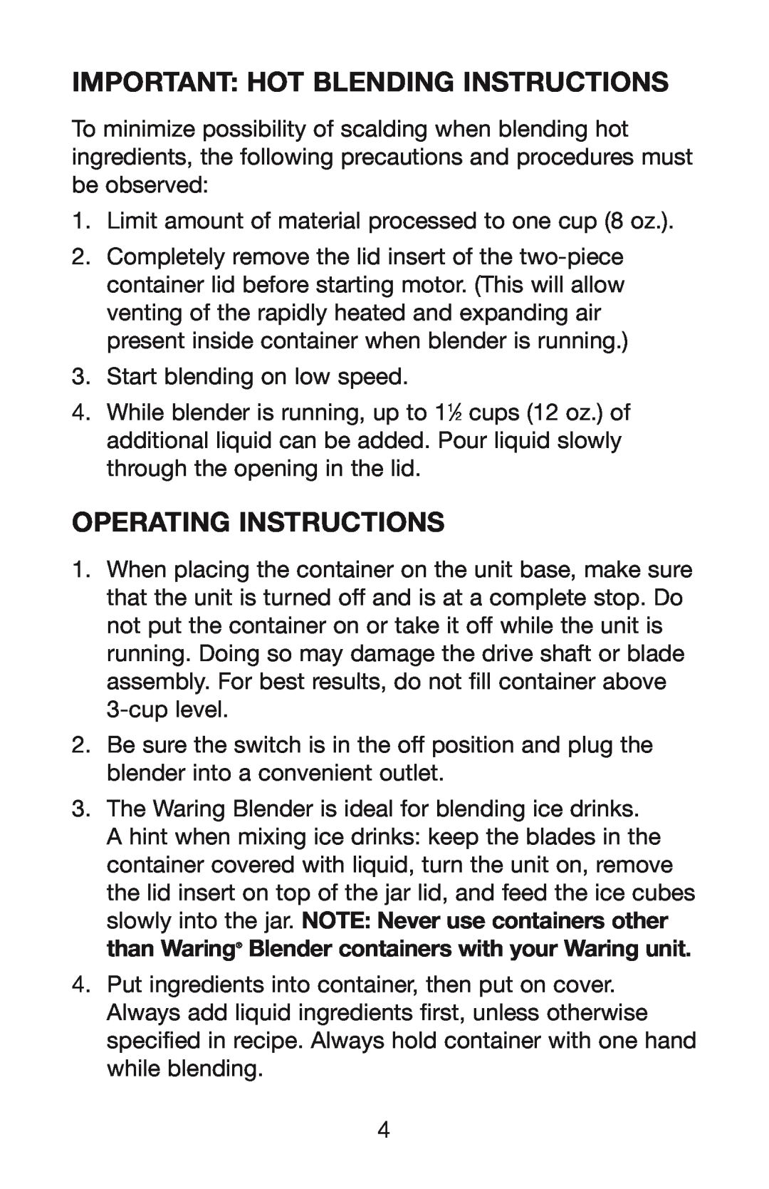 Waring MBB, WPB, PBB manual Important Hot Blending Instructions, Operating Instructions 