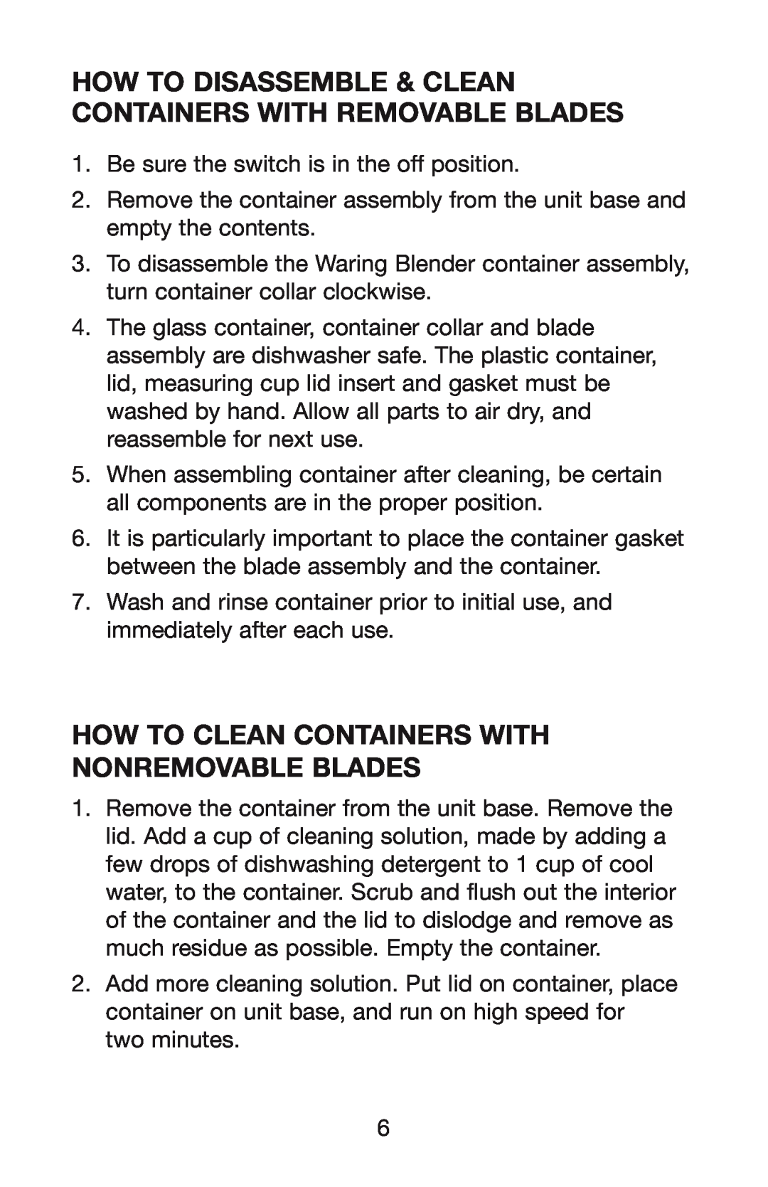 Waring PBB, WPB, MBB manual How To Clean Containers with Nonremovable Blades 