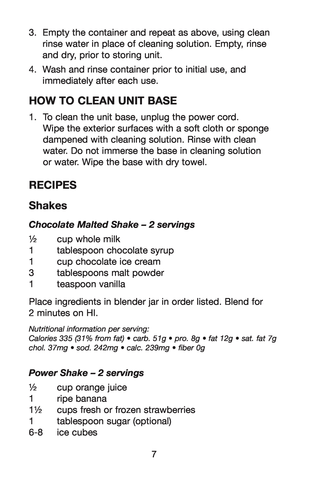 Waring MBB, WPB, PBB How To Clean unit Base, Recipes Shakes, Chocolate Malted Shake - 2 servings, Power Shake - 2 servings 