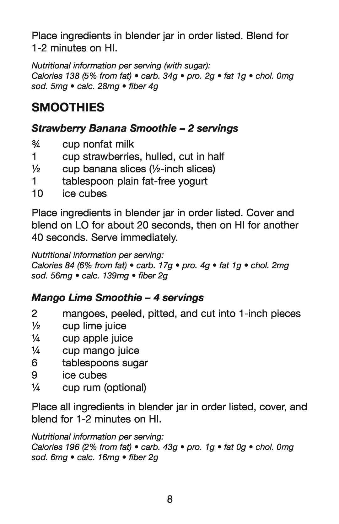 Waring WPB, PBB, MBB manual Smoothies, Strawberry Banana Smoothie - 2 servings, Mango Lime Smoothie - 4 servings 