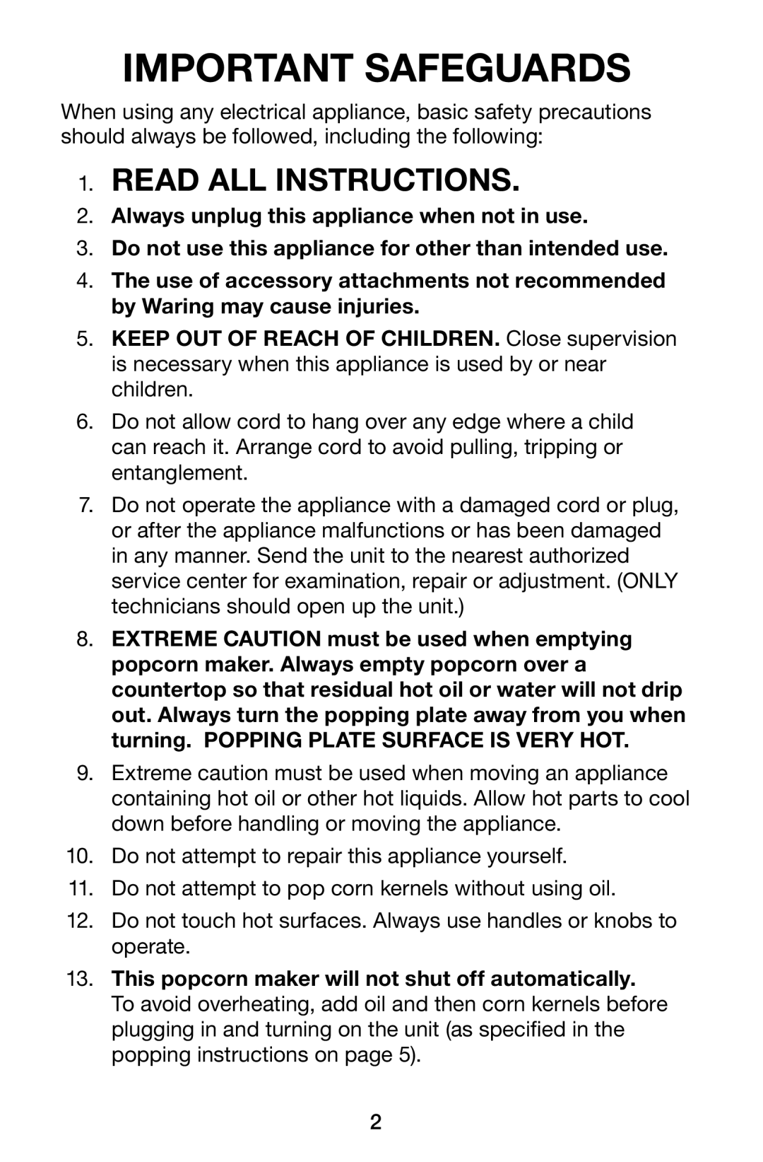 Waring WPM10 manual Important Safeguards 