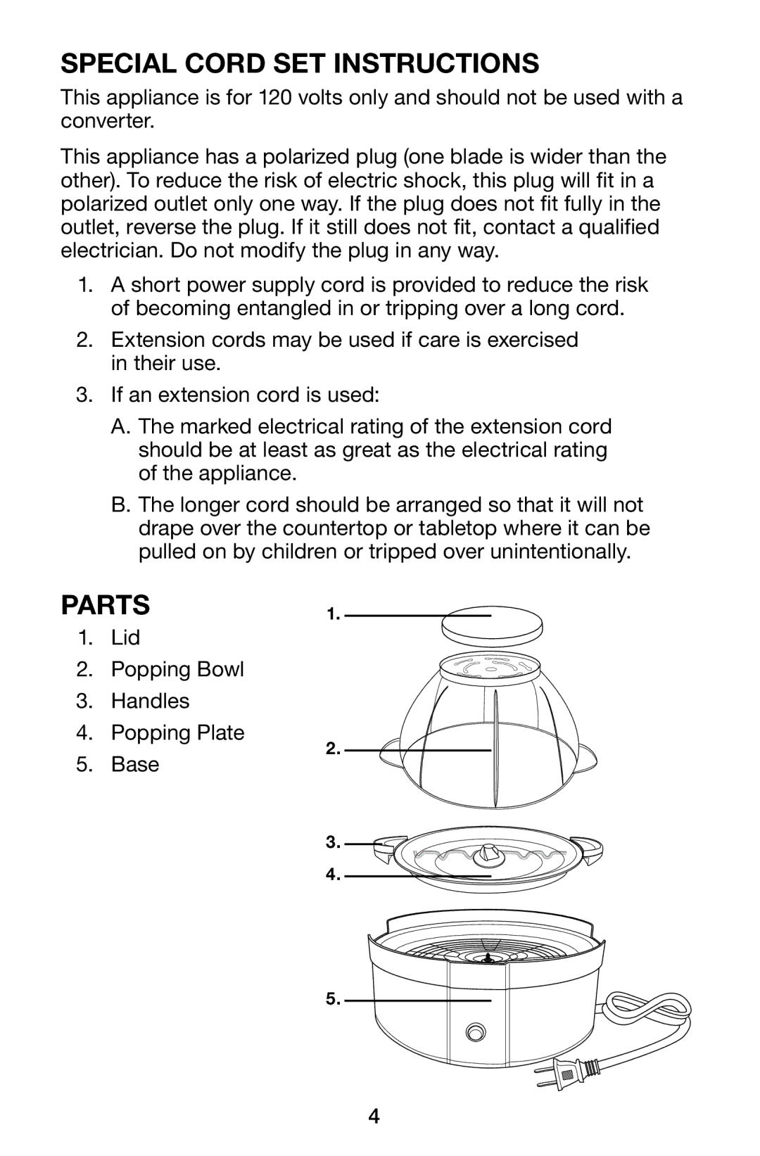 Waring WPM10 manual Special Cord SET Instructions, Parts 