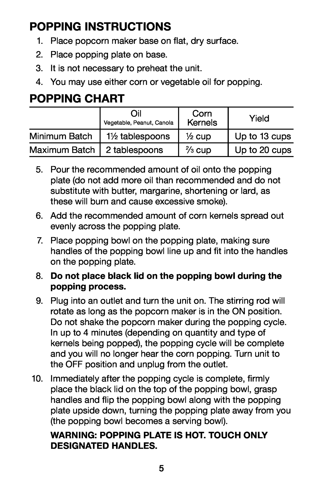 Waring WPM10 manual Popping Instructions, Popping Chart 
