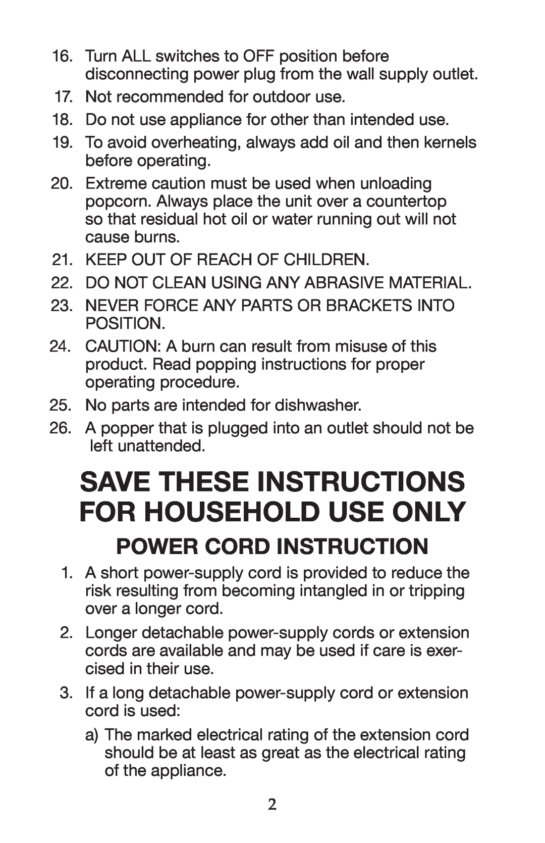 Waring WPM25 manual Save These Instructions For Household Use Only, Power Cord Instruction 