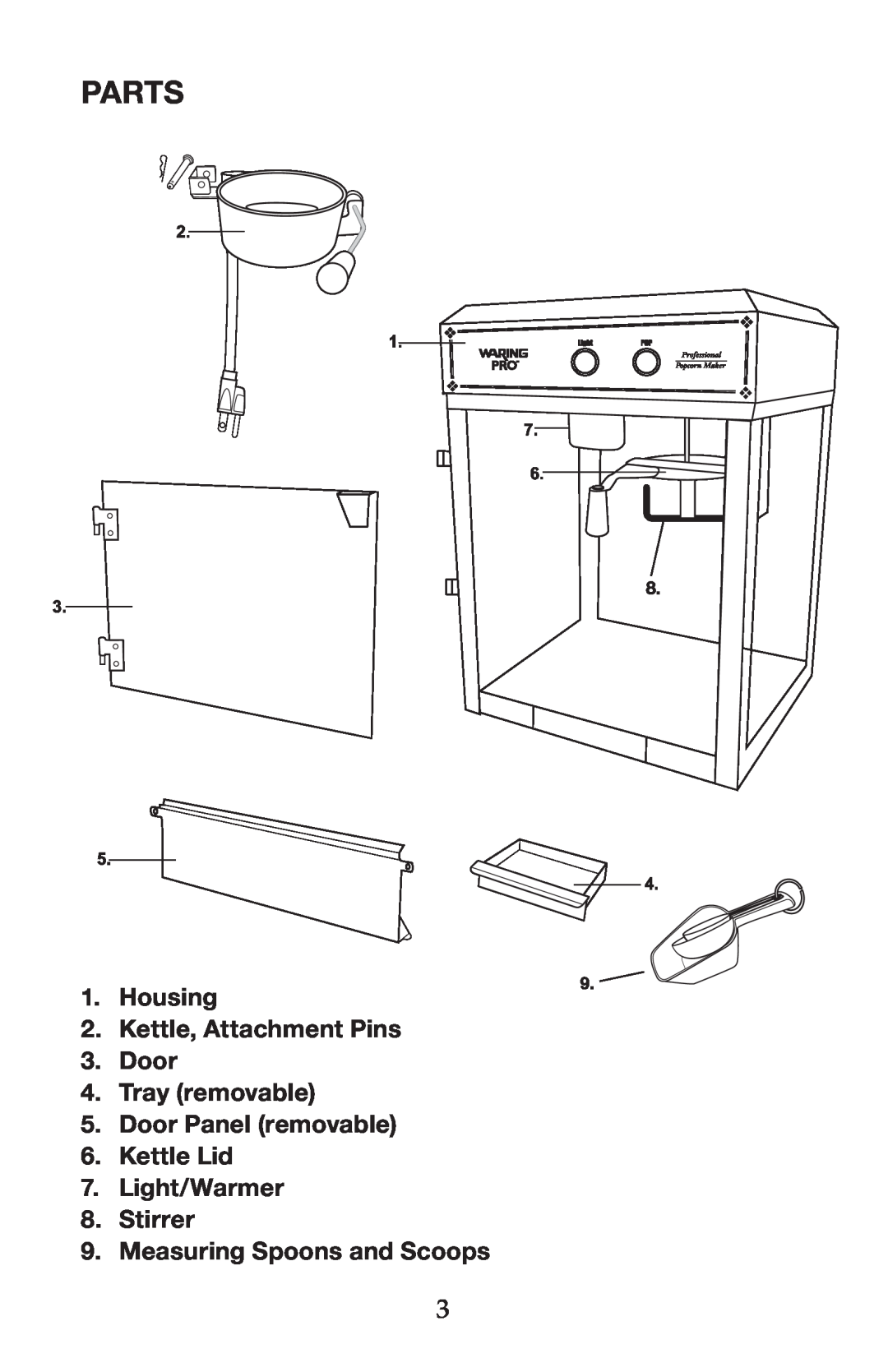 Waring WPM40 manual Parts, Housing 2.Kettle, Attachment Pins 3.Door, Tray removable 5.Door Panel removable 