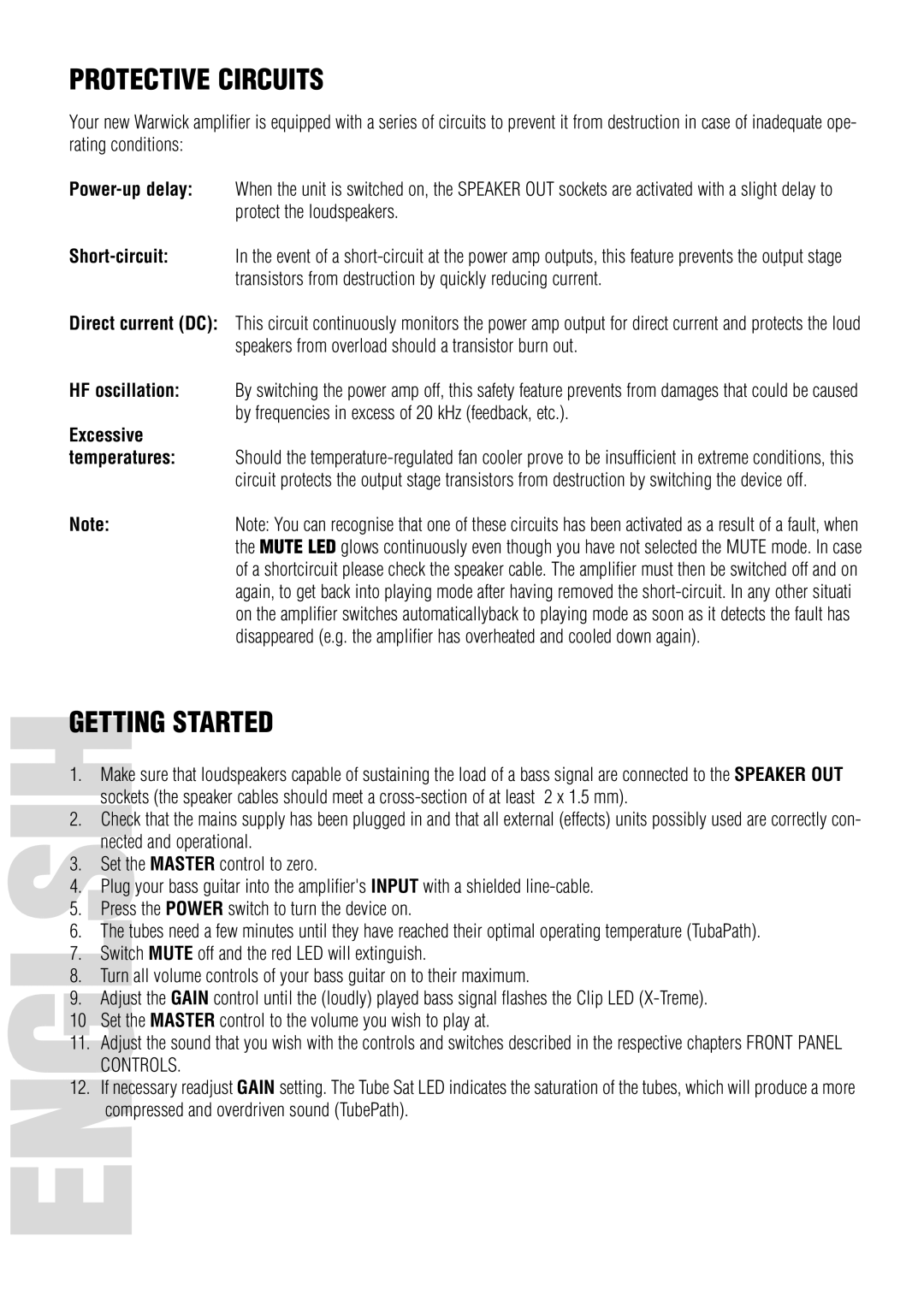 Warwick 10.1, 5.1 owner manual Protective Circuits, Getting Started 