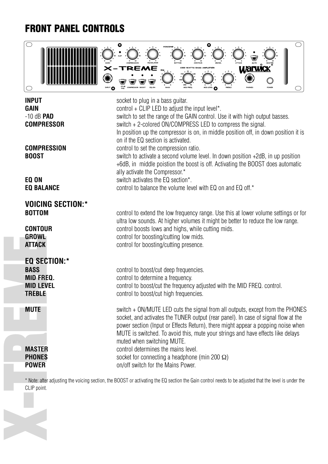 Warwick 5.1, 10.1 owner manual Front Panel Controls 