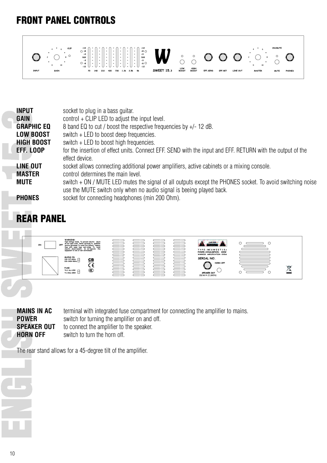 Warwick 15.3, 25.2 owner manual Front Panel Controls, Rear Panel 