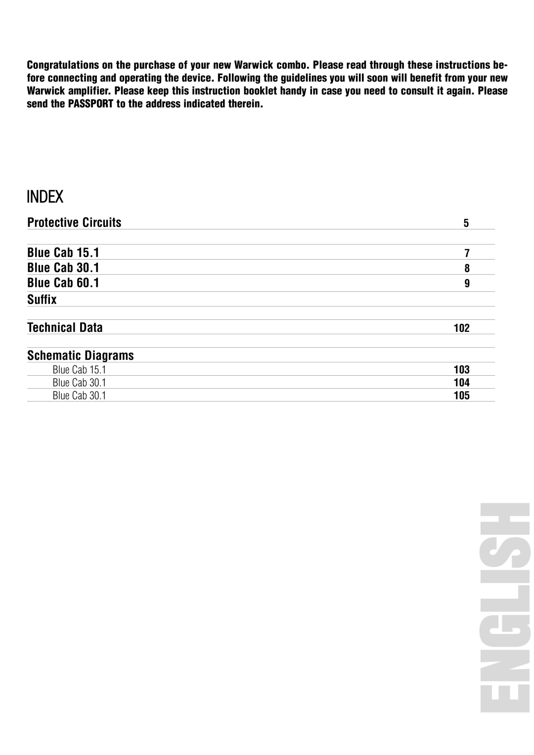 Warwick 15.1, 30.1, 60.1 owner manual English 