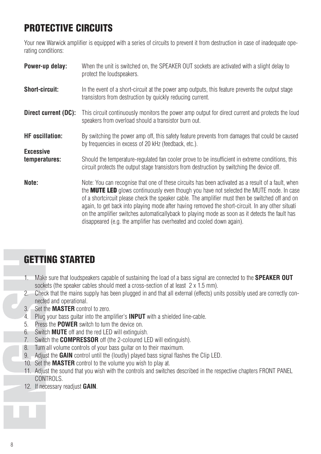 Warwick 3.3 / 5.2 owner manual Protective Circuits, Getting Started 