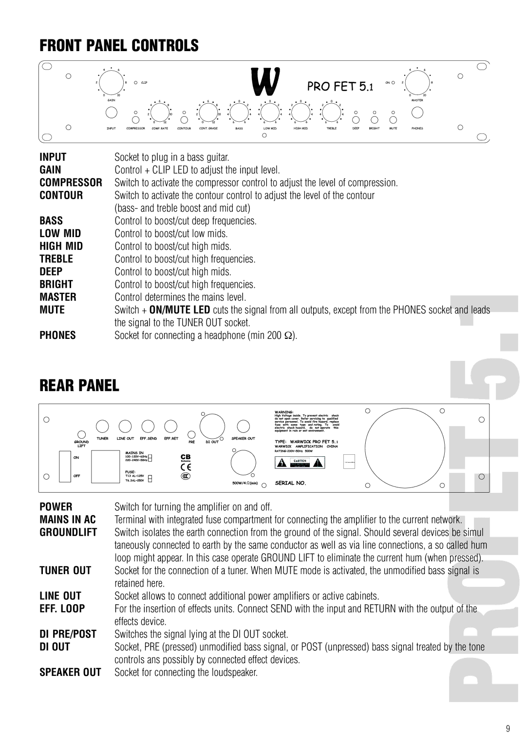 Warwick 3.3 / 5.2 owner manual Front Panel Controls, Switch for turning the amplifier on and off 