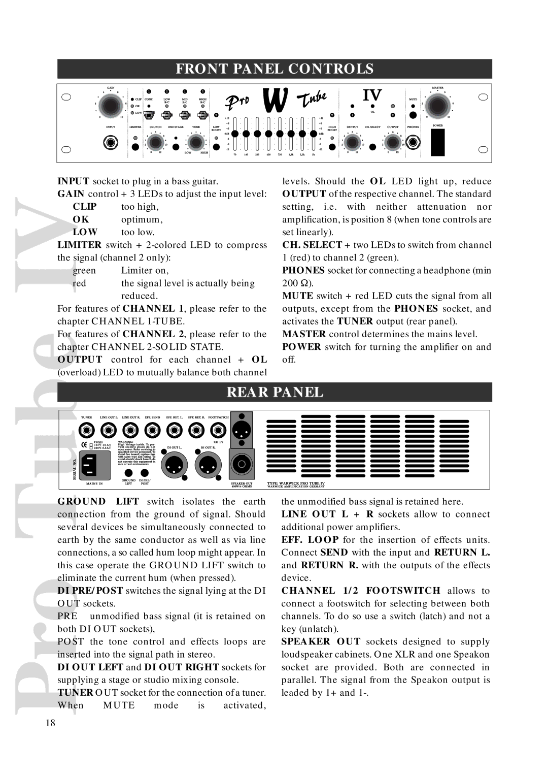 Warwick AMPs owner manual Front Panel Controls, Rear Panel 