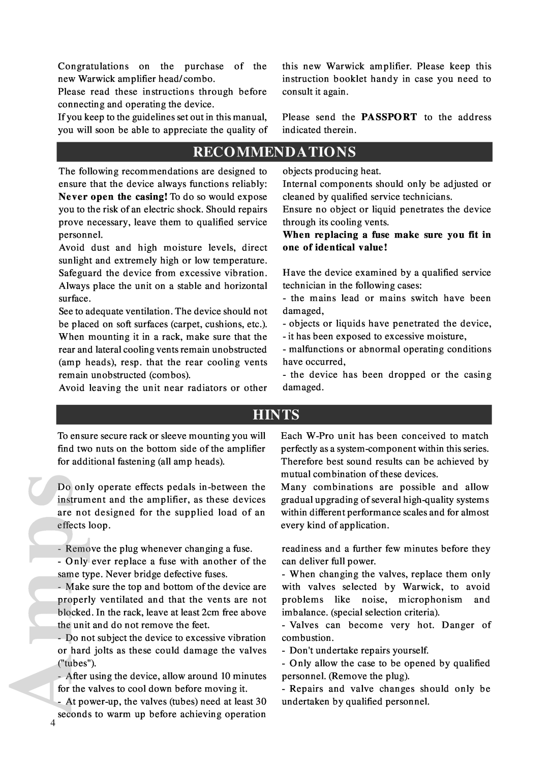 Warwick AMPs owner manual Recommendations, Hints 