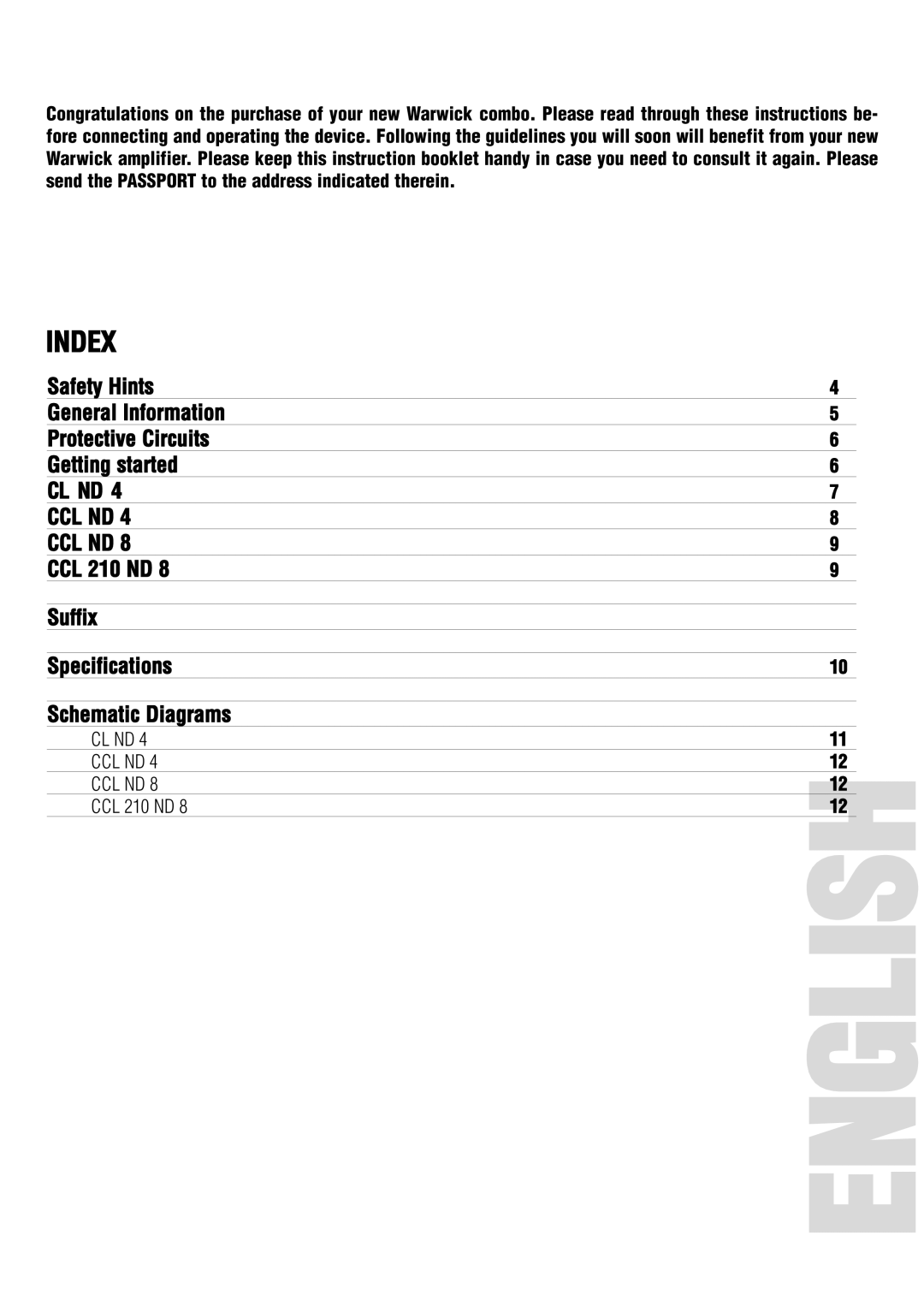 Warwick CCL ND 8, CCL ND 4, CCL 210 ND 8 owner manual Index 