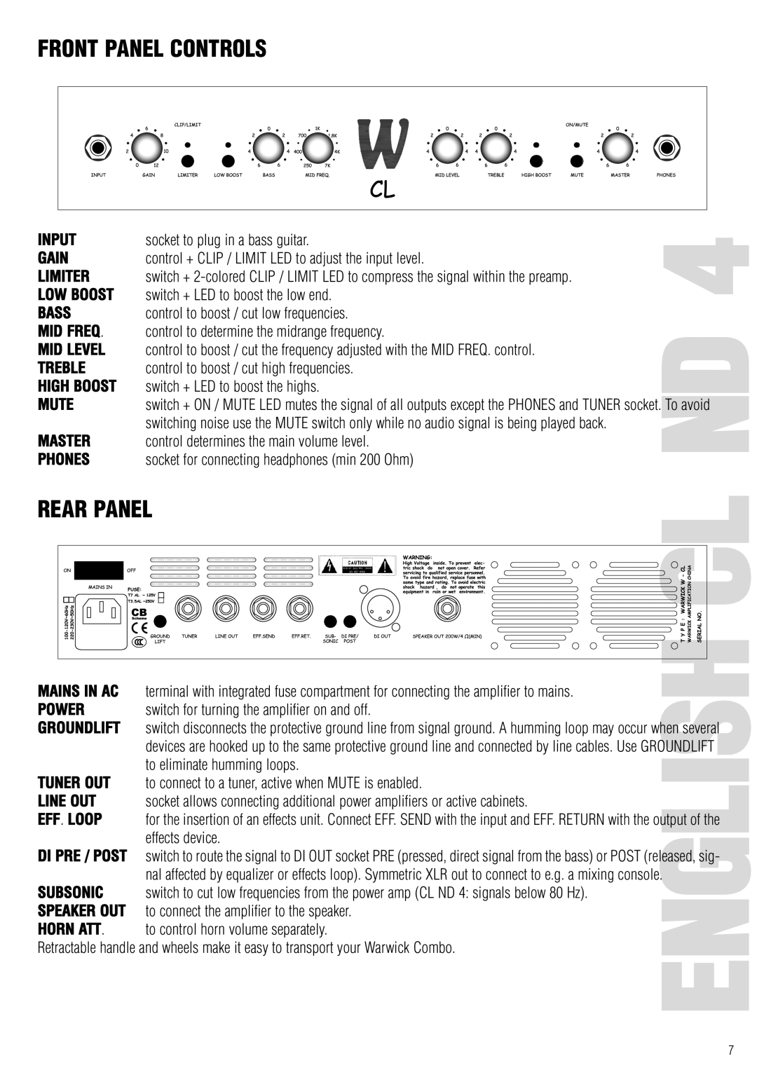 Warwick CCL ND 8, CCL ND 4, CCL 210 ND 8 owner manual Front Panel Controls, Rear Panel 