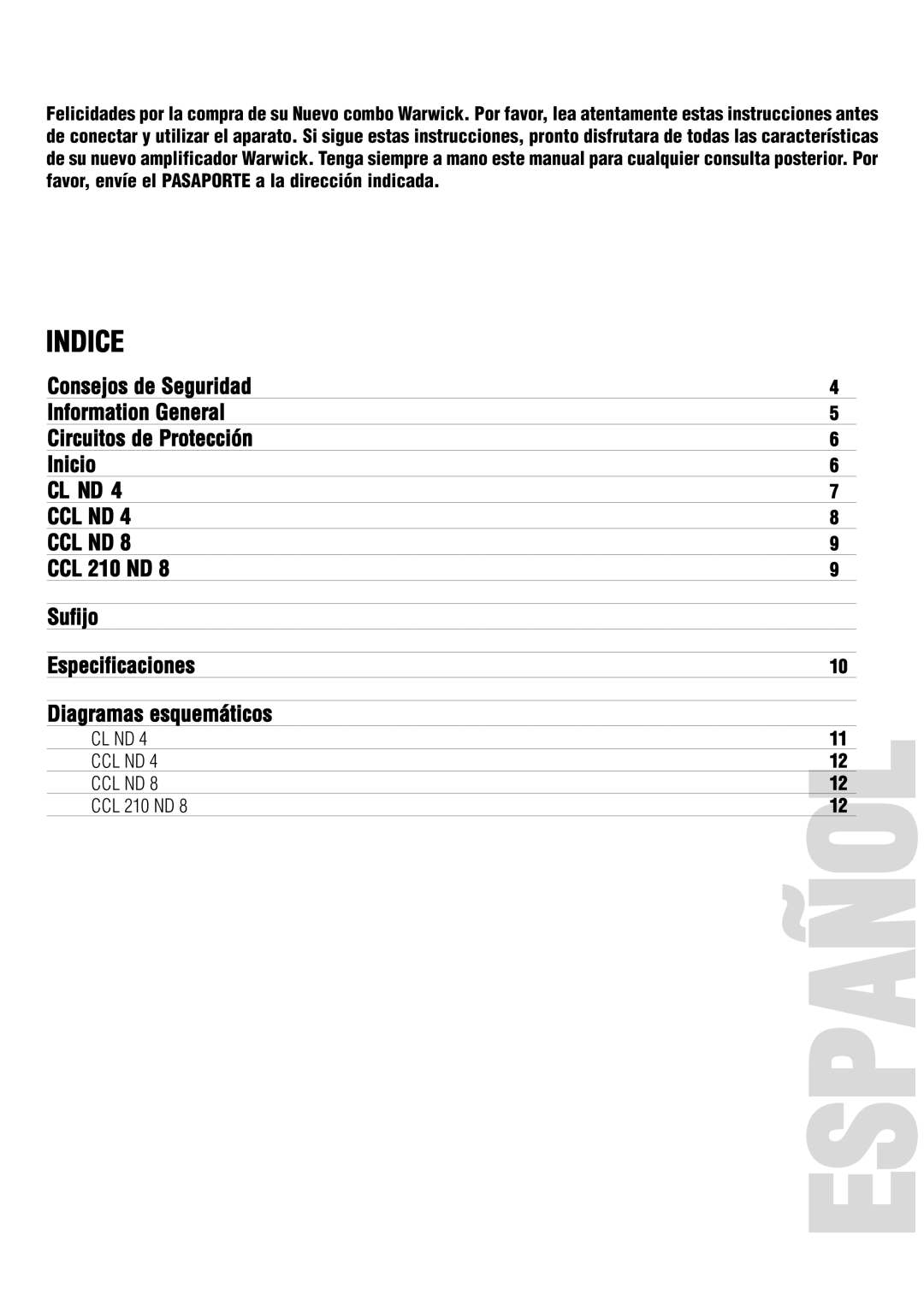 Warwick CL / CCL owner manual Indice 